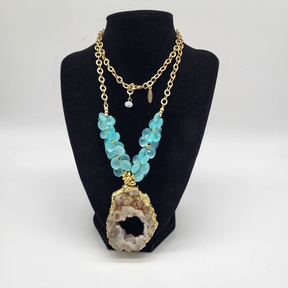 Laura J Finery Jewelry - Laura J Finery Gold Plated Brass Necklace Druzy Geode Pendant Teal Gemstones